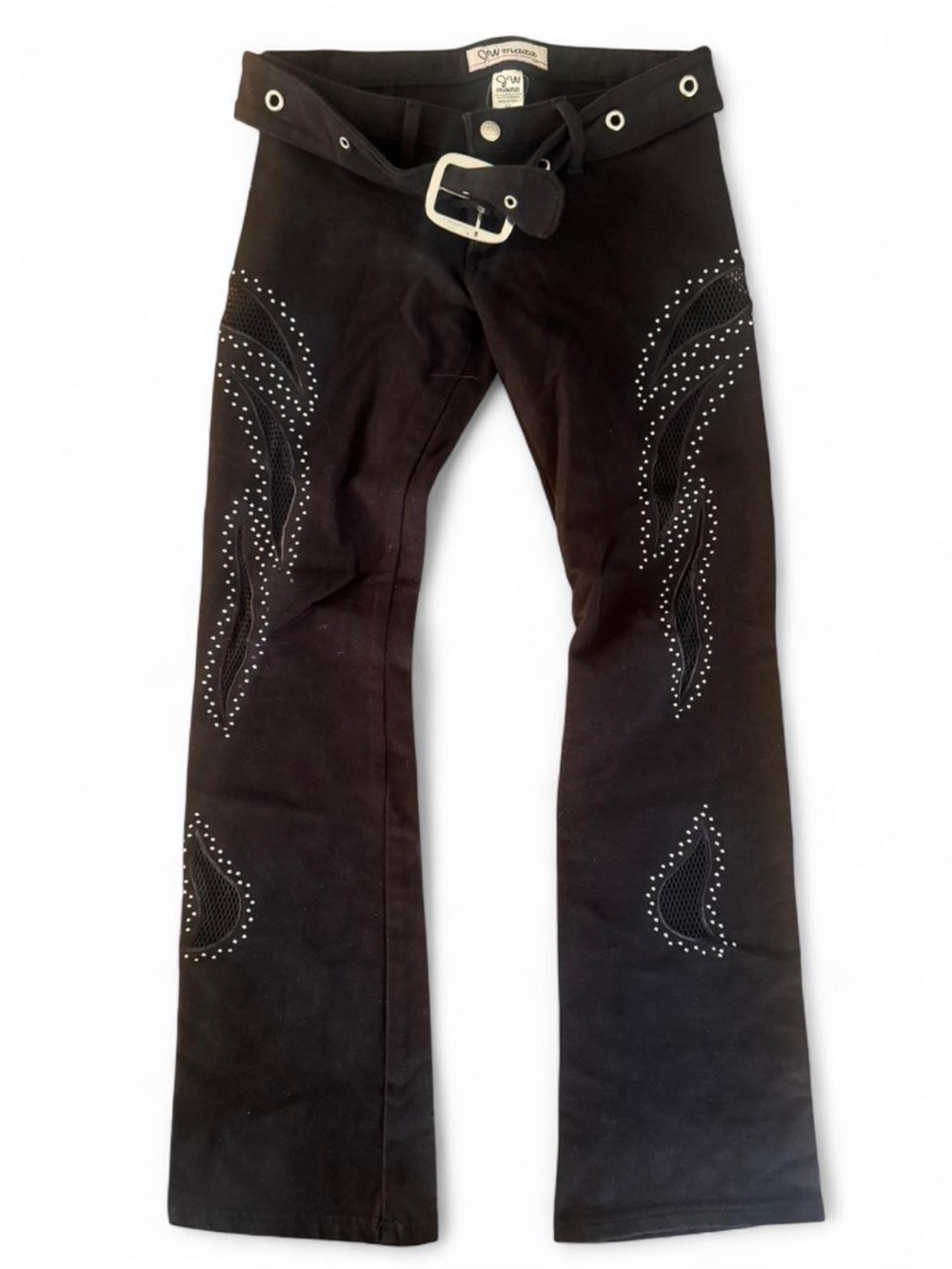 Black embellished stud fishnet flare pants